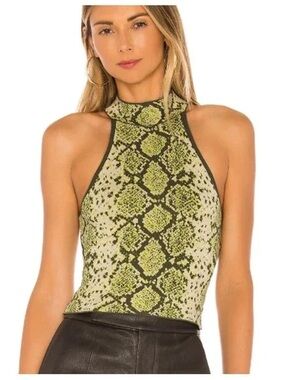 J.O.A. Snake-Print Halter Top in Chartreuse and Black